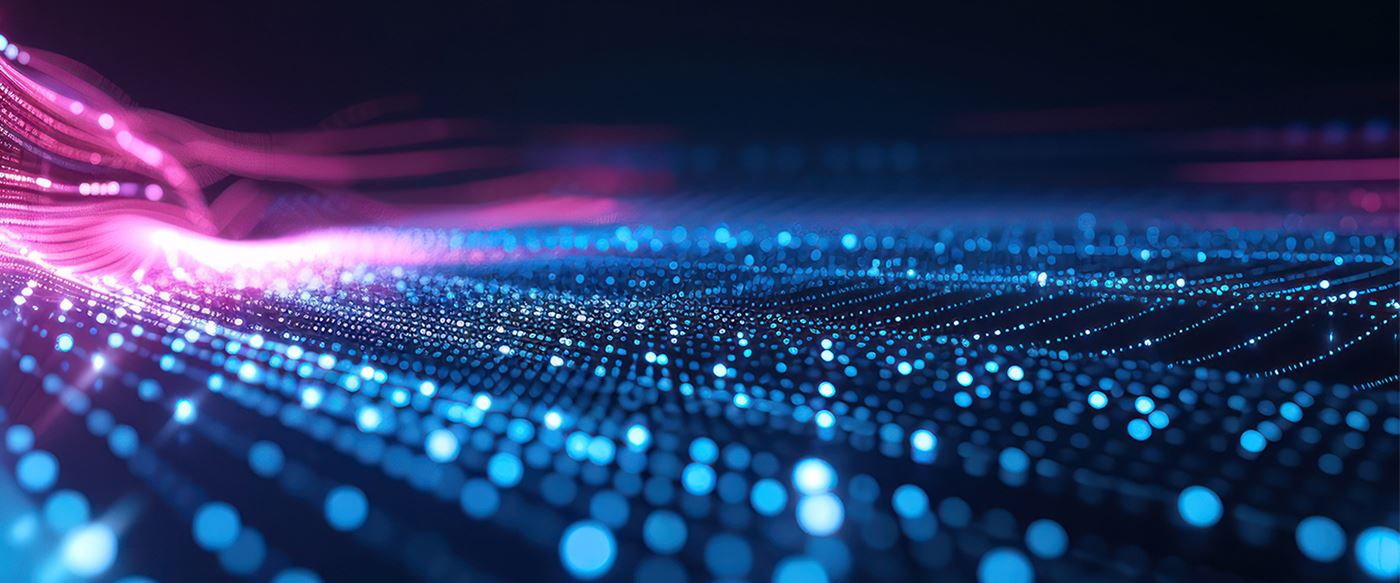 Abstract pink and blue lights leading into straight lines diagonally across the image