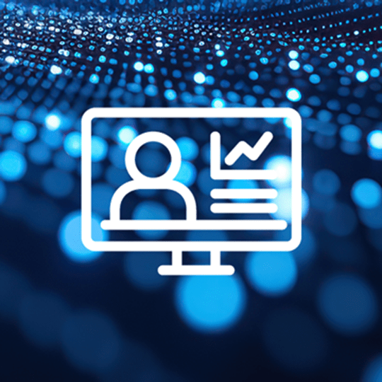 An icon depicting a presentation slide deck on a computer over a blue background
