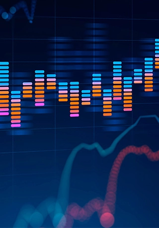 A series of graphs overlaid over one another. The colour scheme is blues and oranges for contrast. 