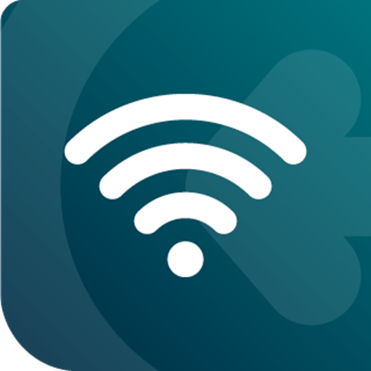 A white WIFI symbol overlaid over a teal background