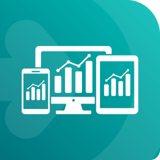 A series of computer, mobile and tablet holding a graph on the screen in white, overlaid in a lighter teal background
