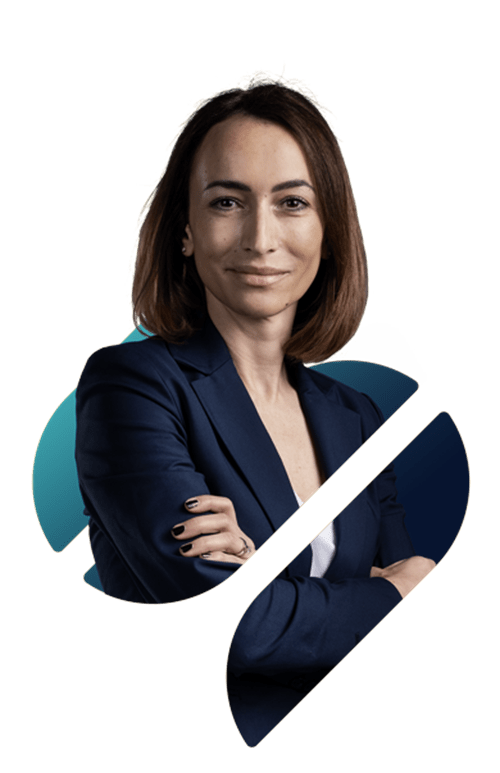 A professional portrait of Group Digital Director, Maria Wilson within the Spirax Group logo 's' shape. She has her arms folded and is staring directly into the camera