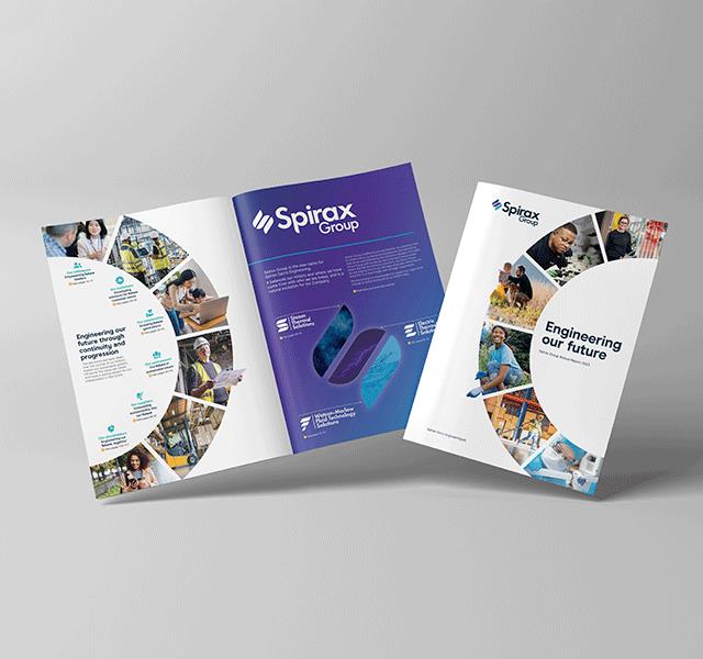 A copy of our 2023 Annual report printed spread sat next to a closed 2023 Annual report so you can see the front cover