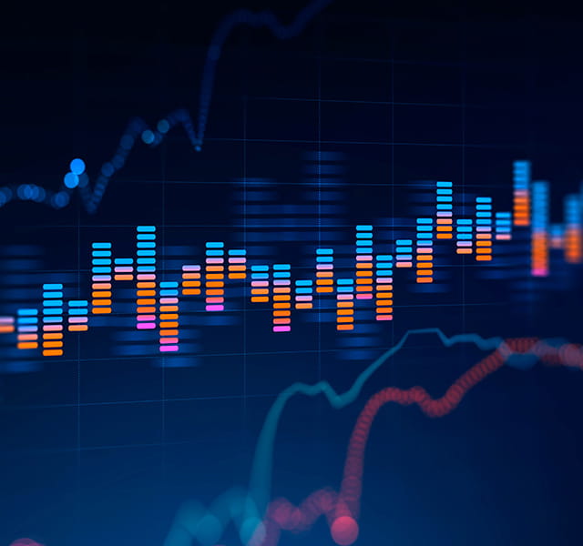 A series of graphs overlaid over one another. The colour scheme is blues and oranges for contrast. 