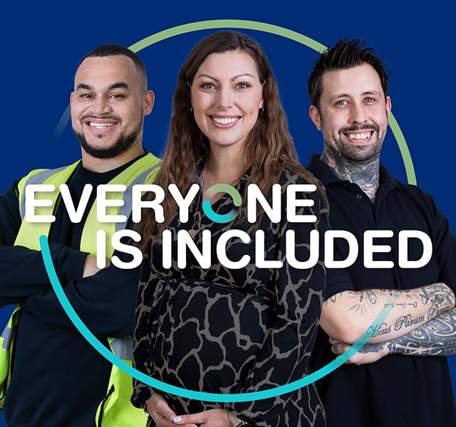 Three colleagues, two men and a woman are standing within a gradient blue to green circle with our Everyone is Included logo overlaid themselves and the circle. The three colleagues represent colleagues across office based and manufacturing based work. 