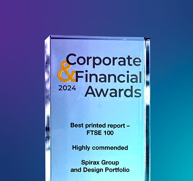 a trophy of the Corporate and Financial Award 'highly commended' with Spirax Group named on there for 2024 best printed report FTSE100