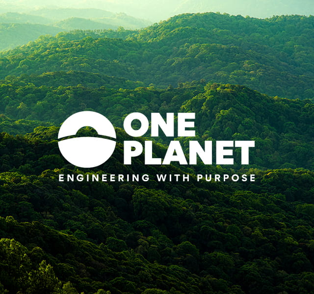 One Planet logo overlaid on a green tree-covered mountain environment