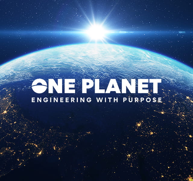 The One Planet Engineering with Purpose logo is overlaid a plain stylised earth with the sun rising over it