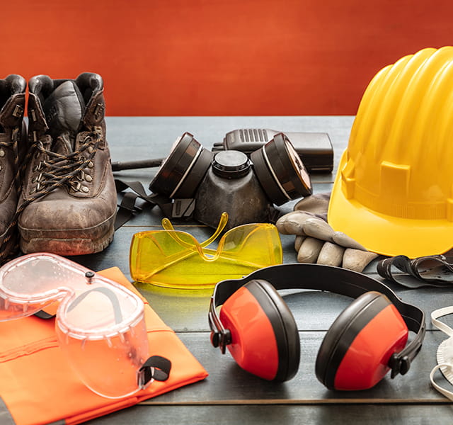 A series of personal protective equipment sits on a table. There is a hard hat, ear defenders, safety glasses, safety boots, gloves and a gas mask amongst the selection