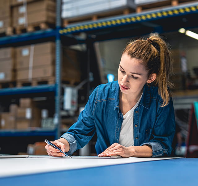 A woman in a warehouse environment leans over a table with a large piece of paper and a pen in her hand. She is wearing a white t-shirt and a blue shirt unbuttoned