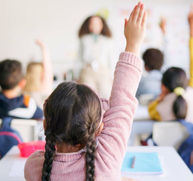 A classroom environment. Most of the children and teacher are out of focus. The children have their hands up. One little girl is in focus, her back to the camera with her hand up. She is wearing a pink top and has two plaited braids