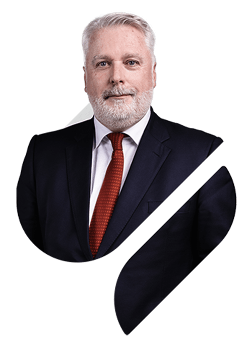 A professional portrait of Jim Devine within in the Spirax Group 'S' shape as a cutout 