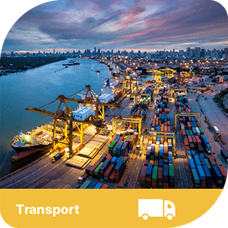 Shipping containers being loaded onto a large boat. There is a yellow tab beneath the image and it says 'Transport' with an icon of a lorry in white next to it