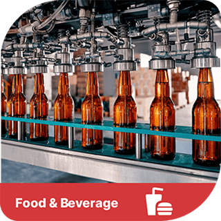 Brown glass bottles on a production line. A red tab under the image reads Food & Beverage with an icon of a burger and a drink