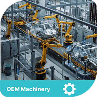 A modern factory setting with automatic robots. A teal strip of blue sits underneath with the text OEM machinery. There is a cog item next to it. 