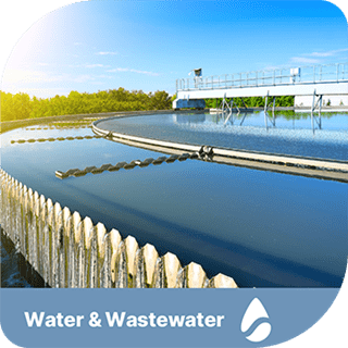 A wastewater facility on a sunny day. There is a blue tab underneath with an icon of a drop of water. The text says 'Water and Wastewater'.