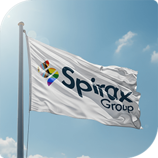 A white flag flies in the wind amongst a blue sky. It has the Spirax Group logo with the S in the colours of the Pride flag. 