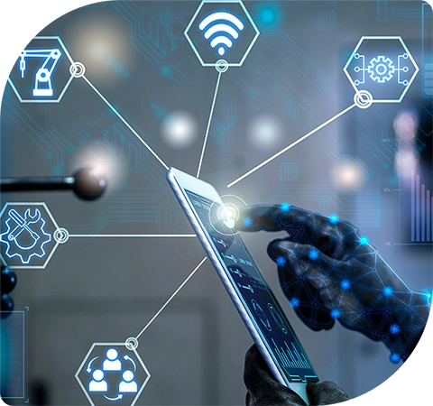 Two hands are holding a tablet. They are wearing gloves. Out of the tablet there are graphics overlaid. Lines come out of the tablet linking to icons that indicate industry and digital connectivity