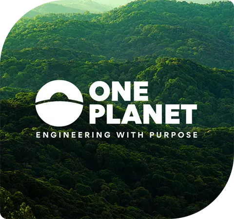 One Planet logo overlaid on a green tree-covered mountain environment