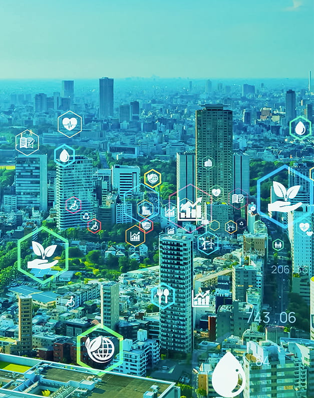 An aerial city view in blue and green tones with call-outs of locations that show icons of seedlings and drops of water